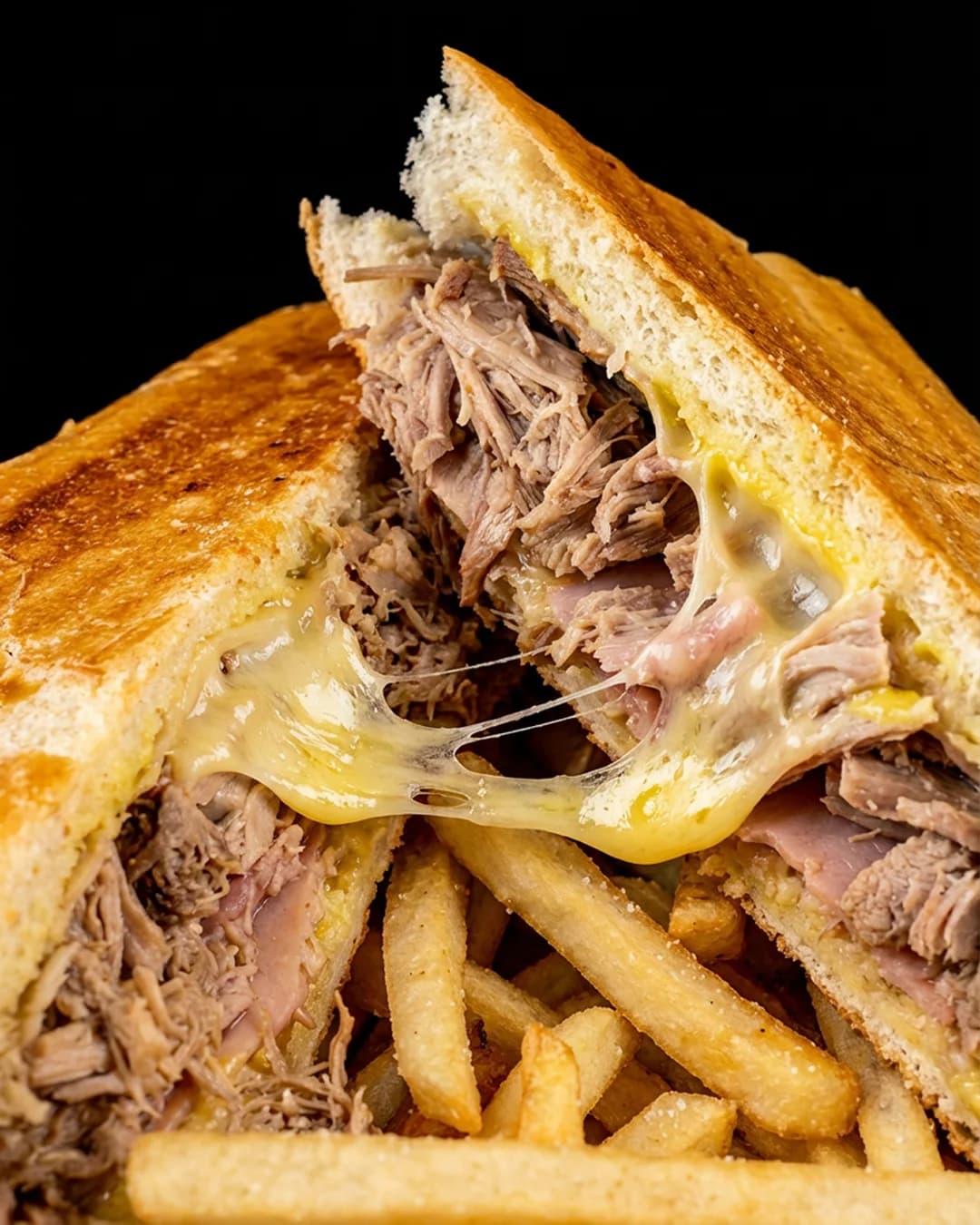 Grilled cheese sandwich with shredded beef ropa vieja and three-cheese blend