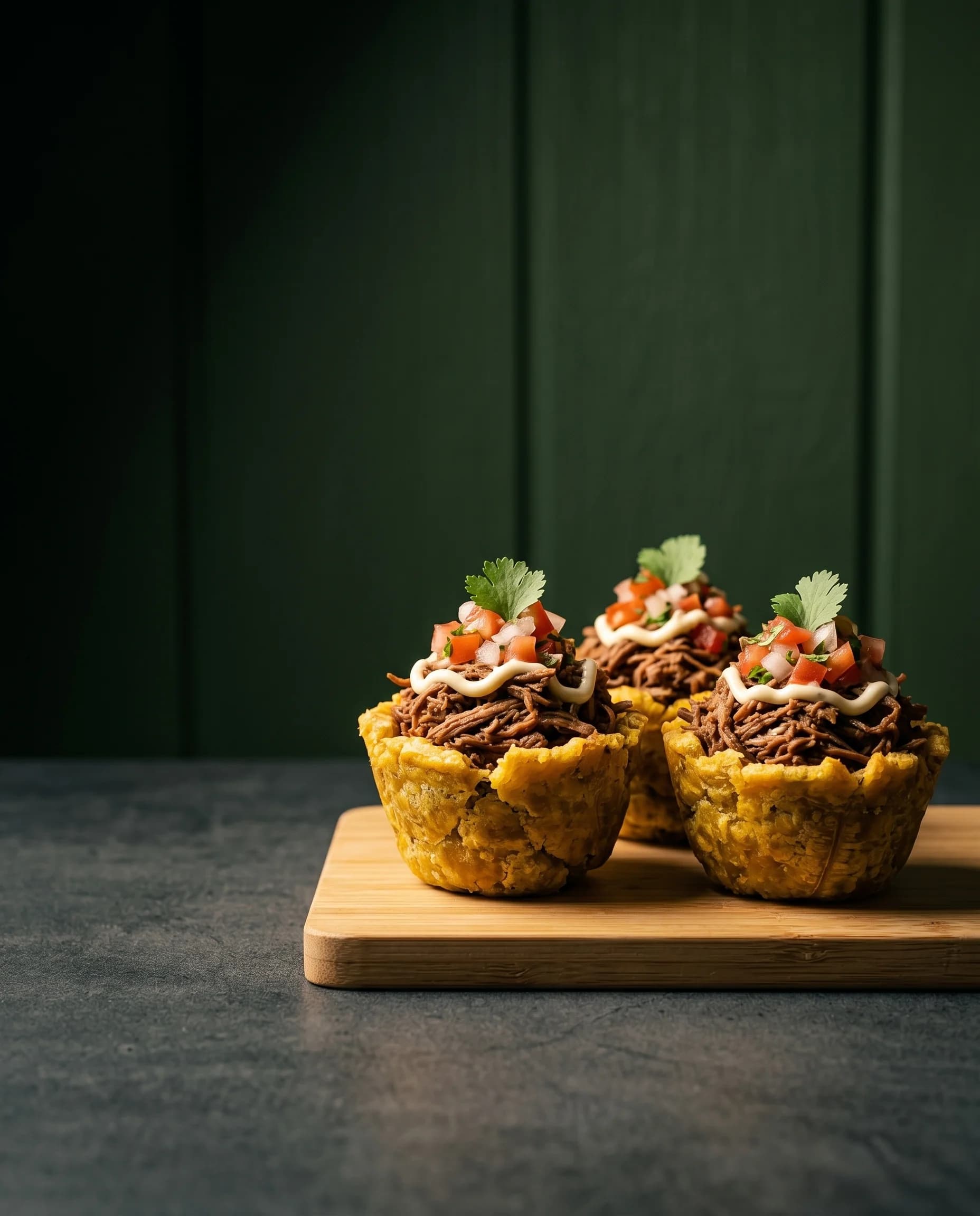 Crispy plantain cups filled with seasoned meat and topped with pico de gallo
